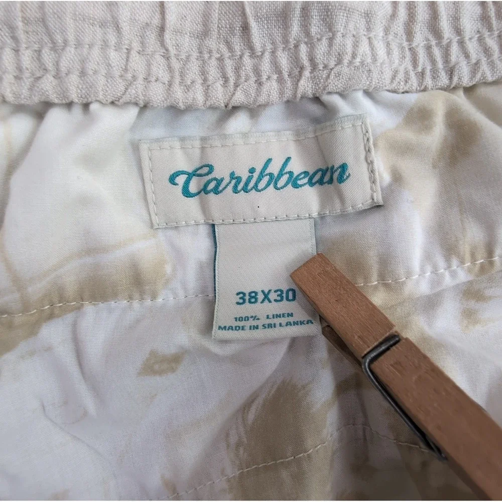 Caribbean Linen Pants Mens 38x30 Beige Cargo Elastic Drawstring Resort Beach